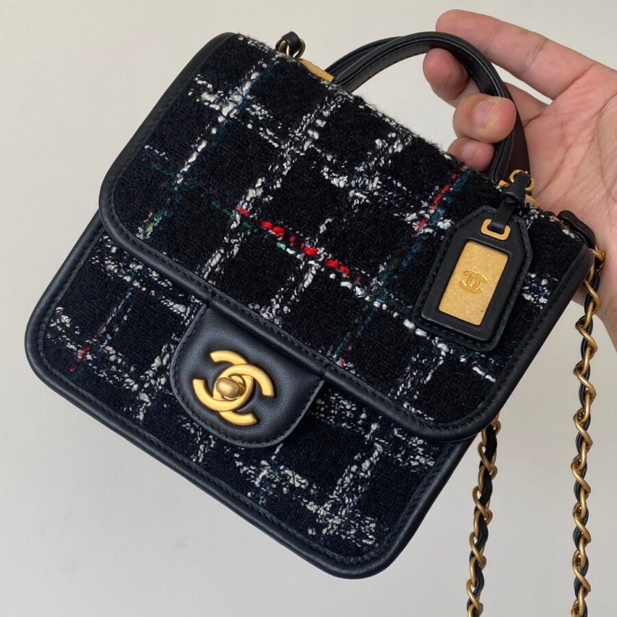 CC Small Flap Bag 21 Black Tweed Leather Gold Hardware | Studio Nafay