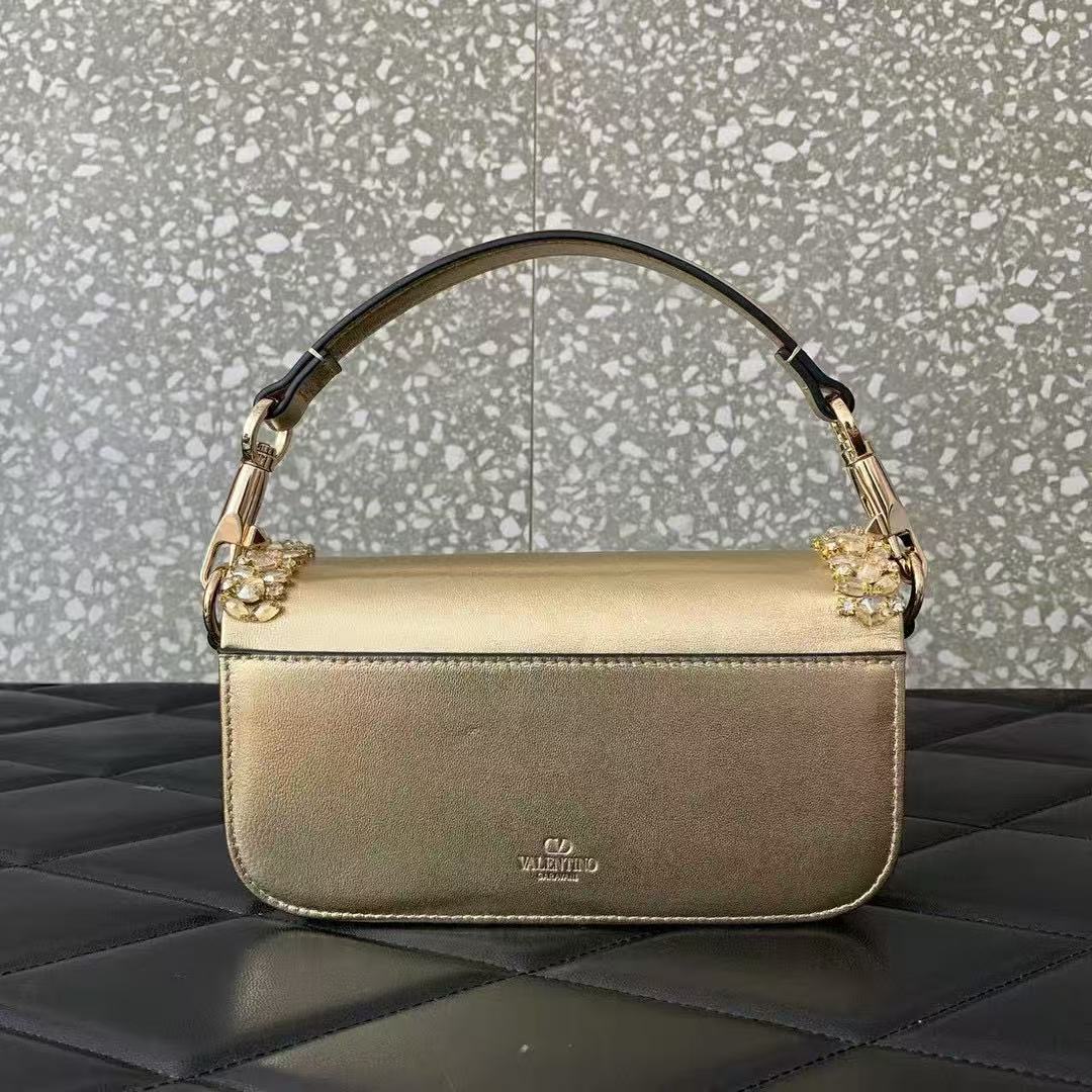 Valentino Loco Embroidered Handbag Gold Leather