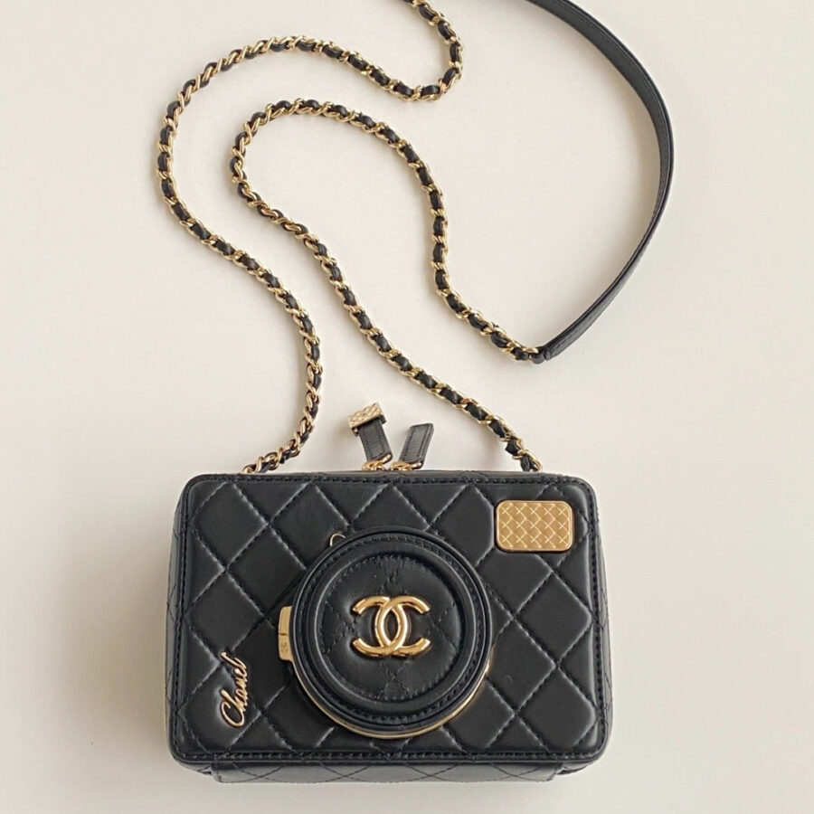 CC camera bag black lambskin gold hardware | Studio Nafay