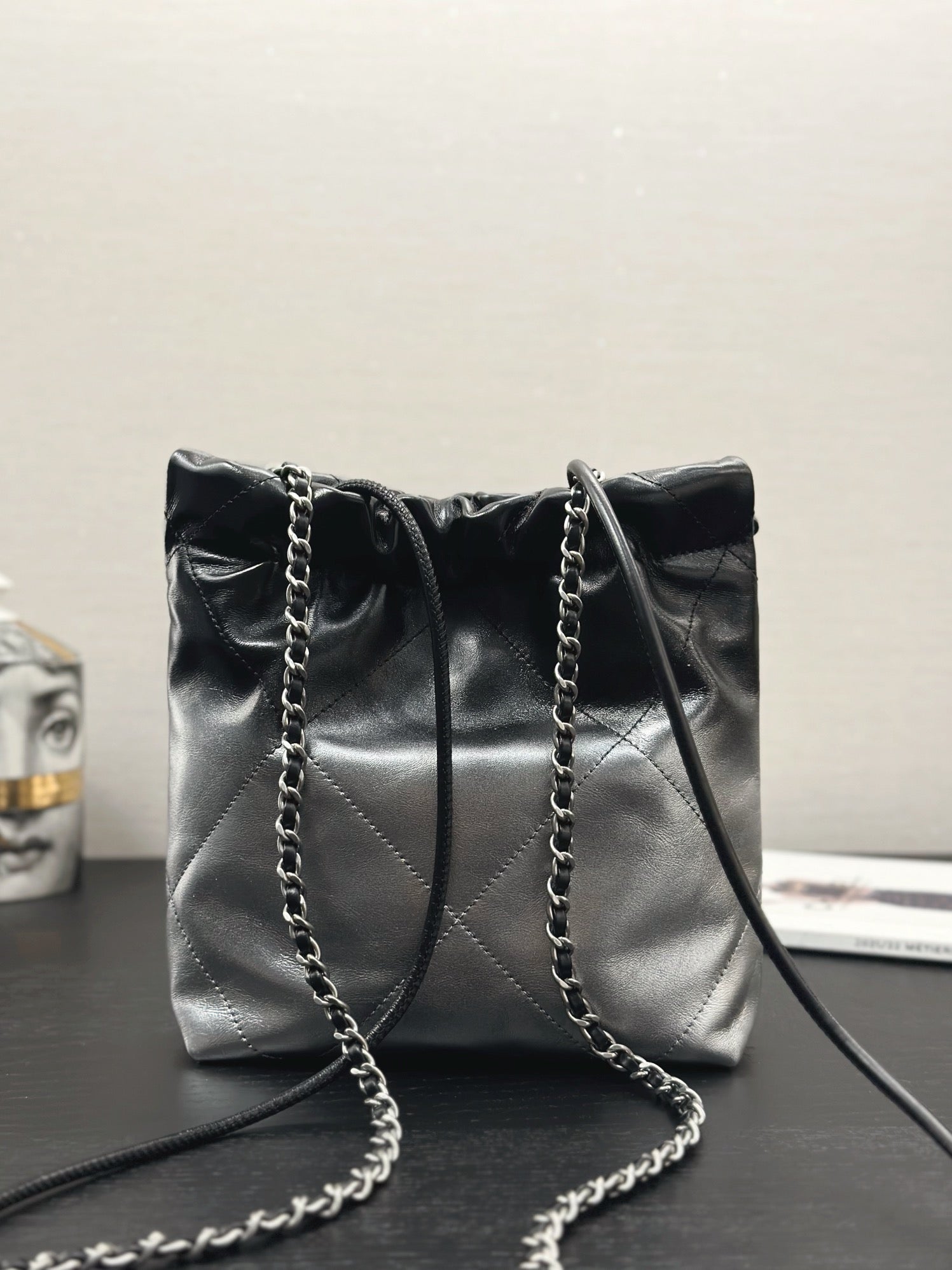 CC HOBO MINI 20CM Black GREY Lambskin Silver Hardware