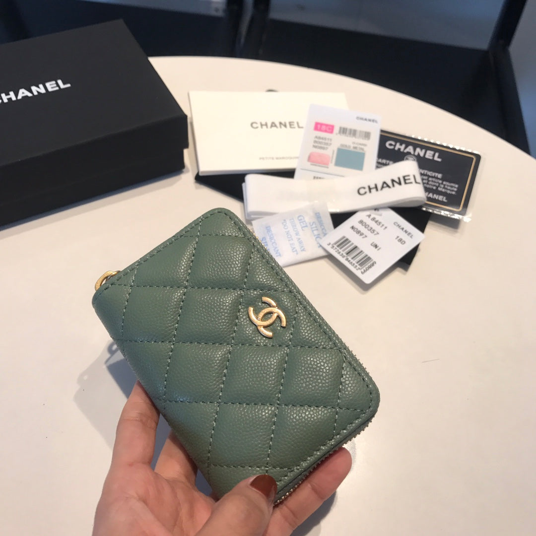CC Zipped Caviar Purse 11 Turquoise Calfskin GOLD ICON