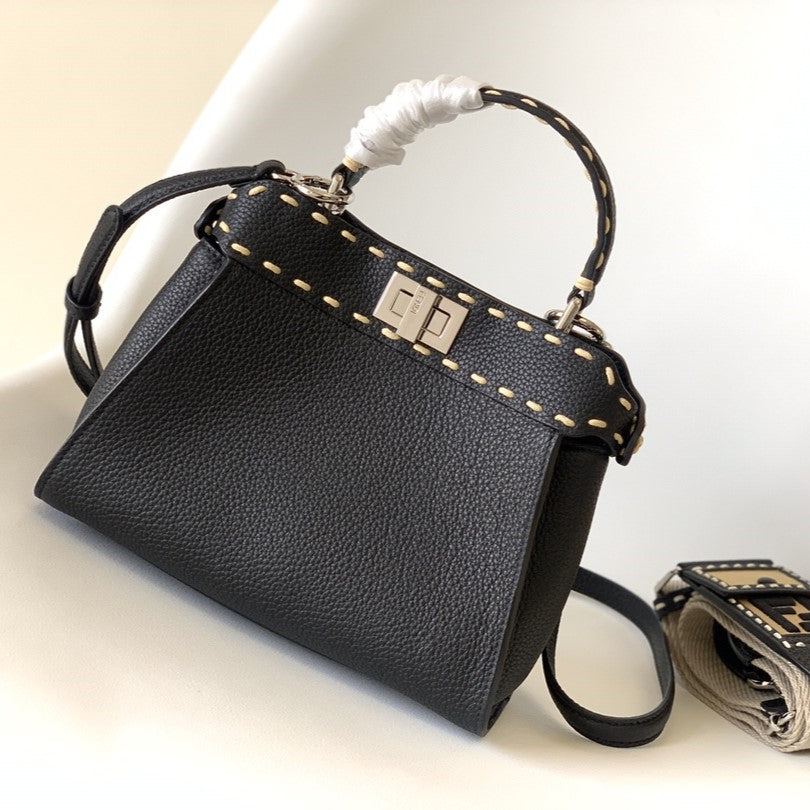Peekaboo Mini Selleria Bag 23cm black leather shw with 220 hand-sewn stitches | Studio Nafay