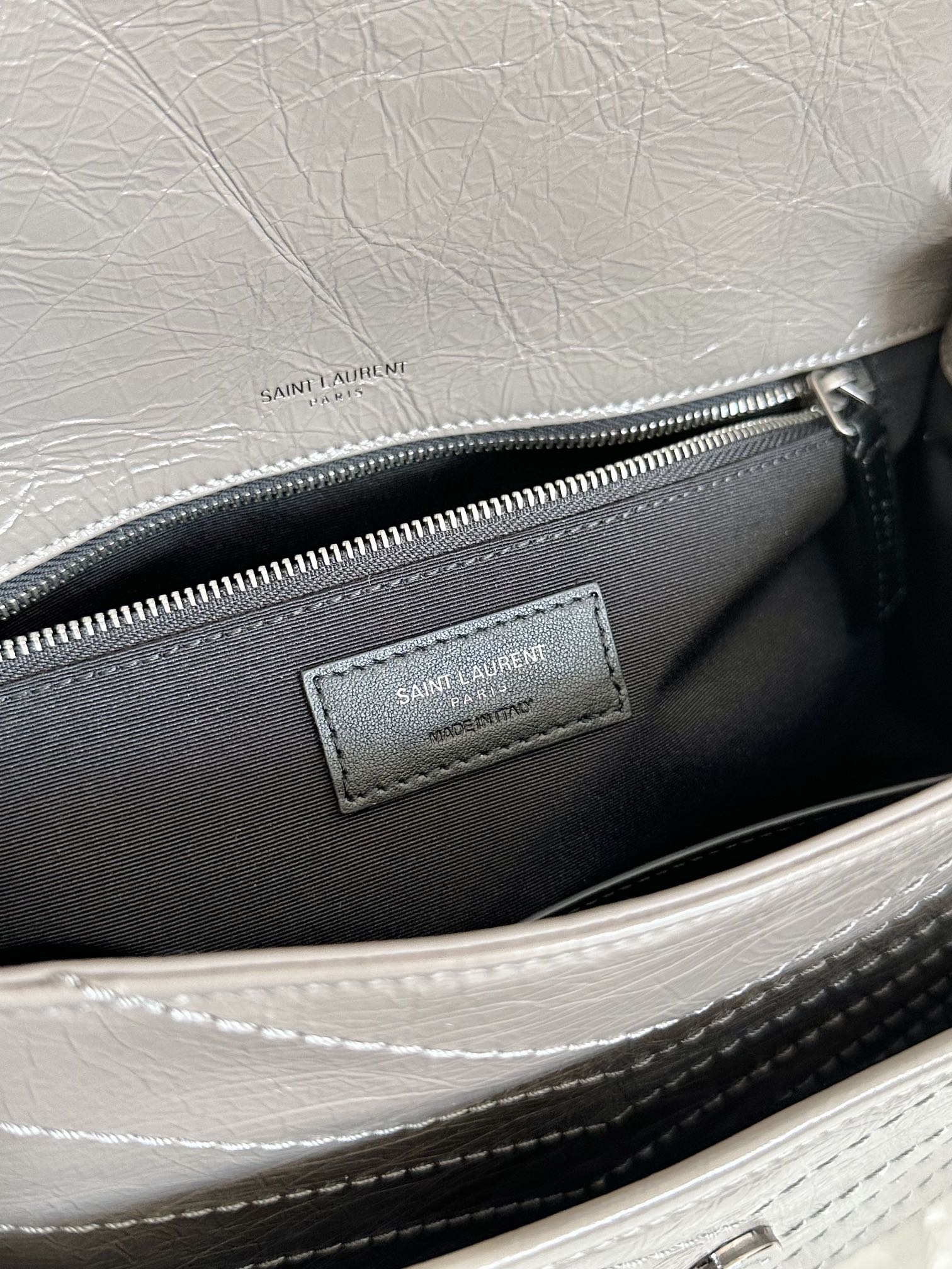 YSL Niki Medium Bag 28cm Grey Crinkled Leather
