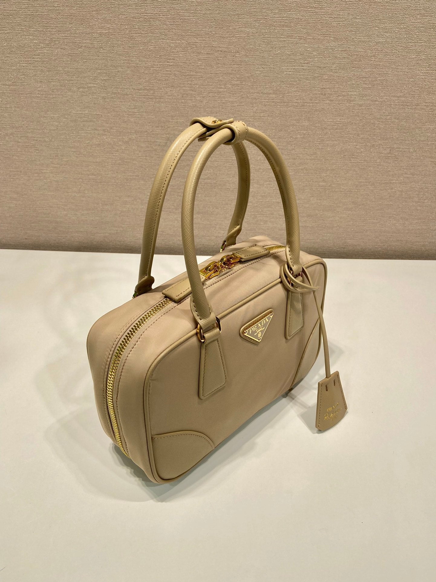 Small TOP Handle BAG 25 IN Dried MOSS Nylon AND Calfskin TRIM