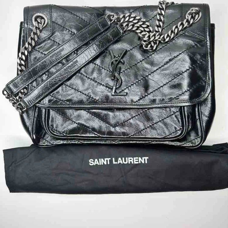 Ysl Crinkled Calfskin Matelasse Monogram Baby Niki Chain Satchel, Black Leather, Medium | Studio Nafay