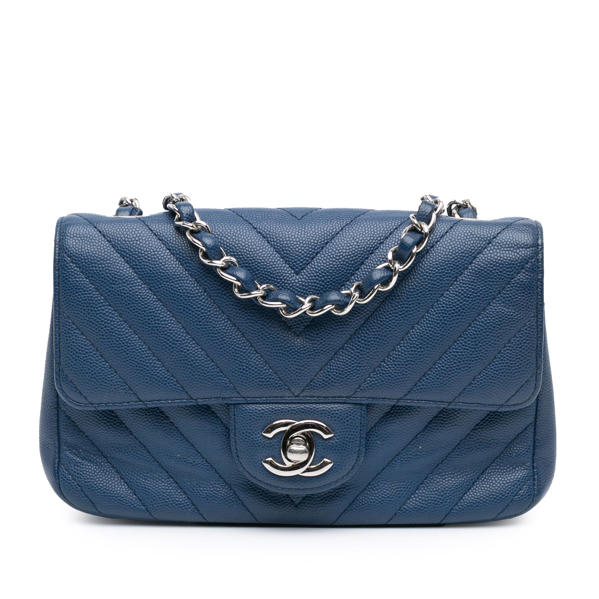 Blue Chanel Mini Rectangular Classic Chevron Caviar Single Flap Cro…