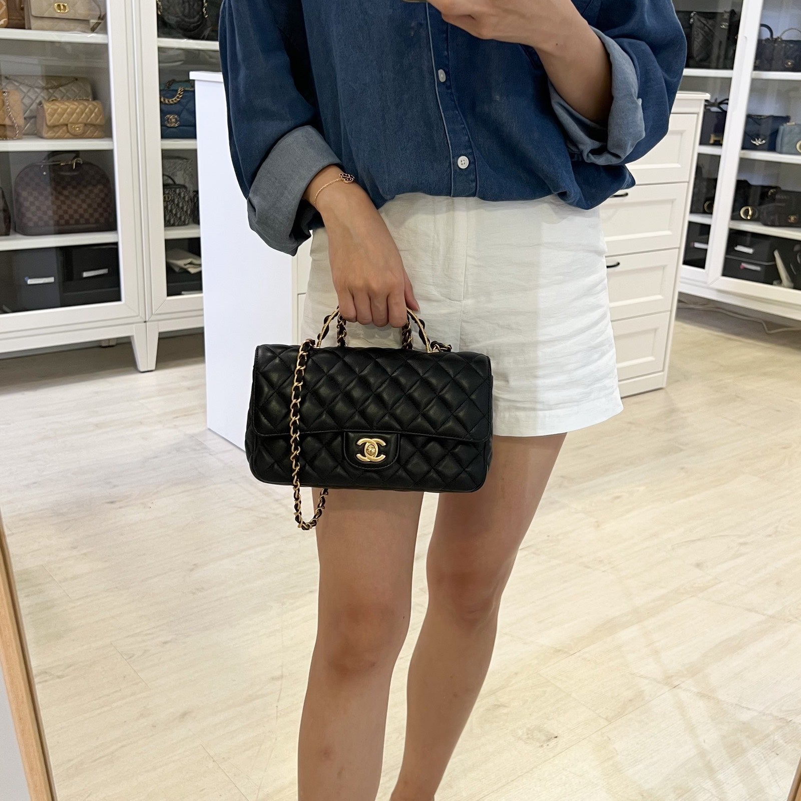 Chanel 23K Small Flap With Top Handle In Black Lambskin And AGHW (m…