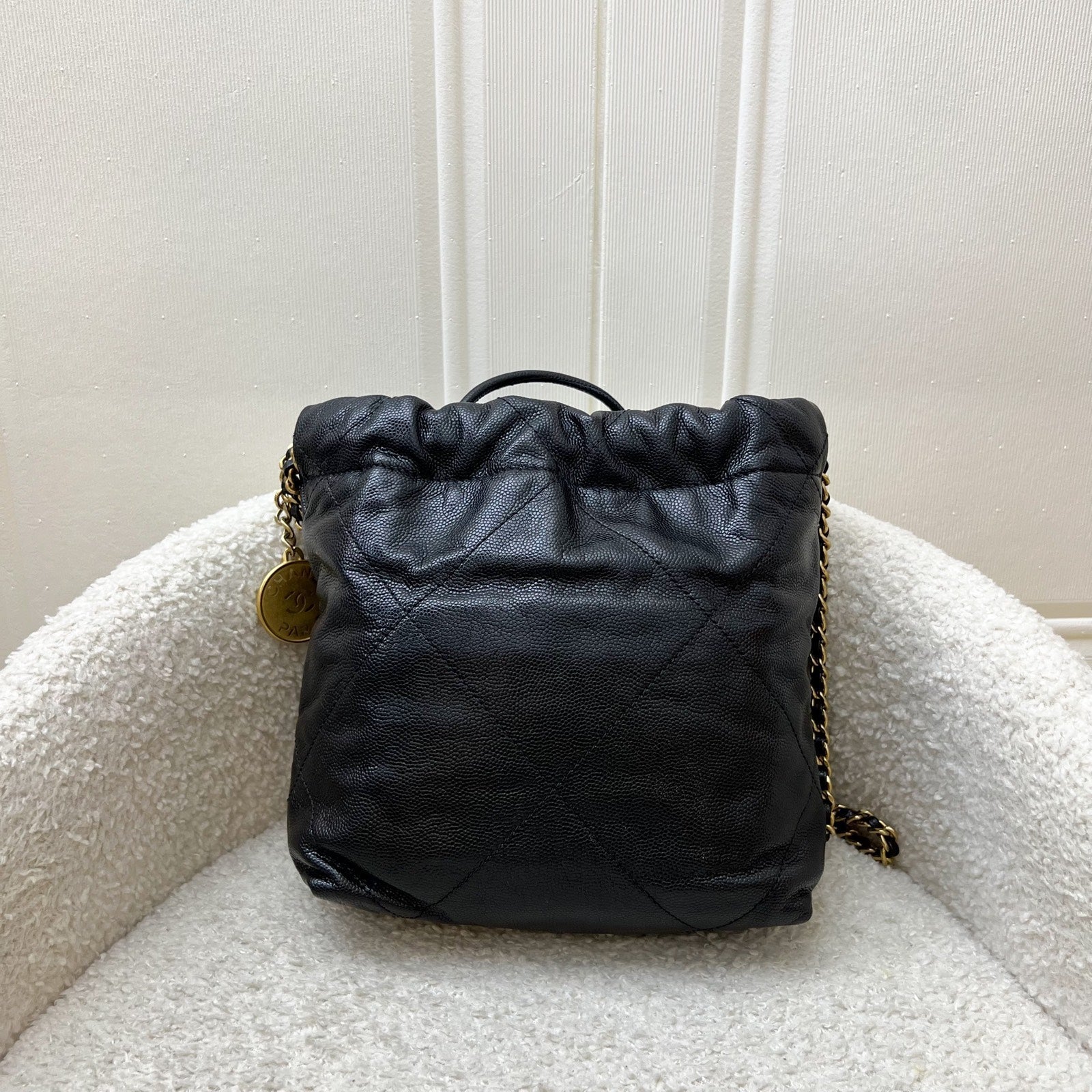 Chanel 22 Mini Hobo Handbag In 23K Black Shiny Caviar And AGHW