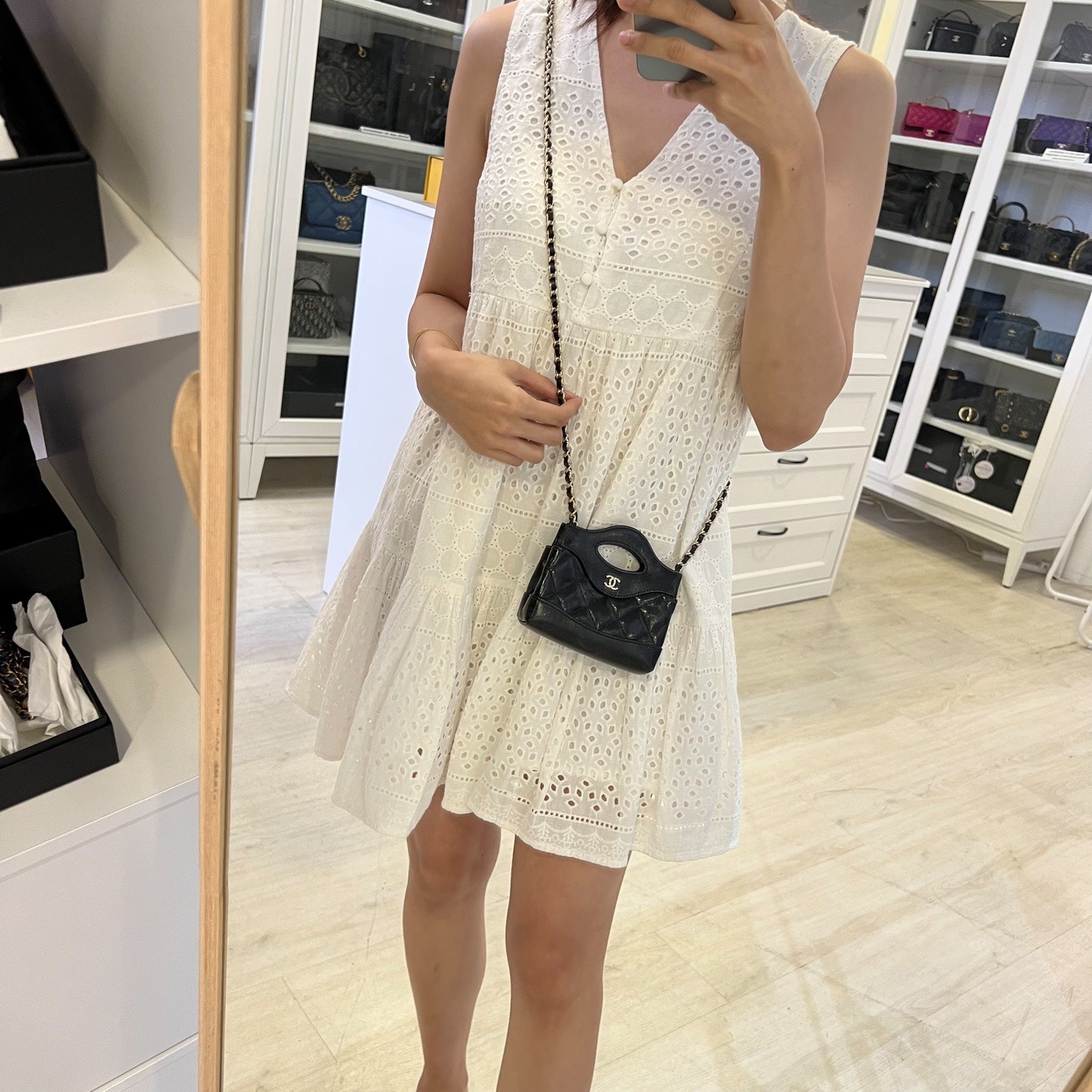 Chanel 31 Micro Shopping Bag In Black Shiny Calfskin And LGHW