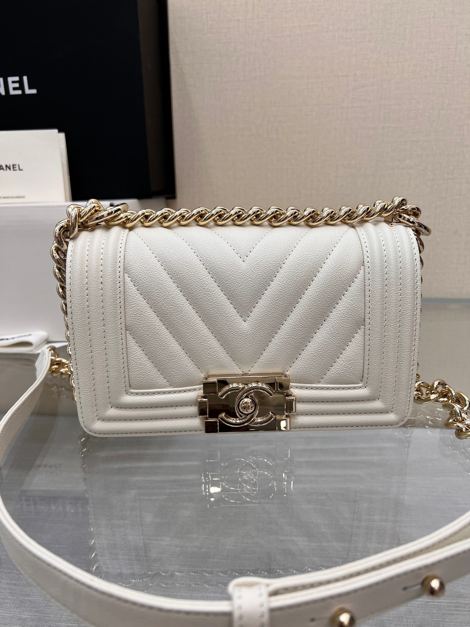 BOY BAG Small 20 White Chevron Caviar GOLD Hardware