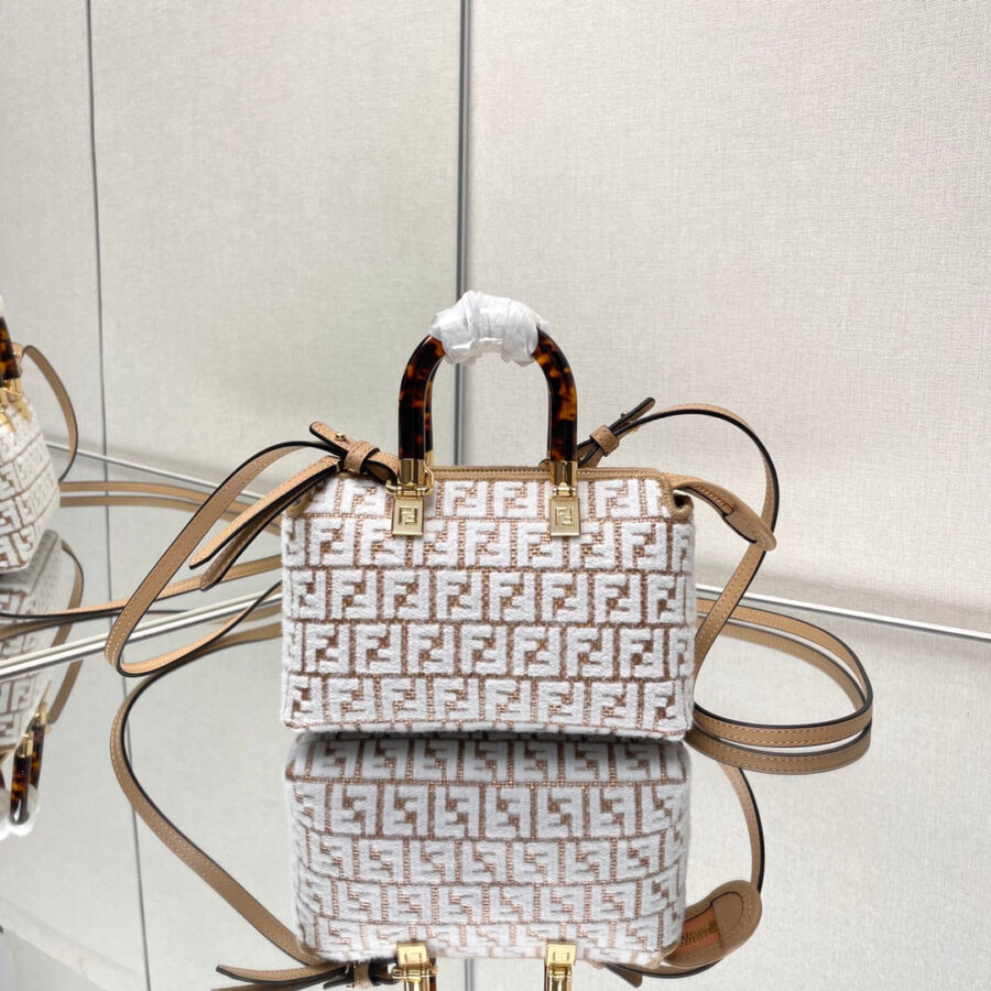 BY THE WAY MINI 18 IN WHITE WOOL AND CAMEL BROWN RAFFIA CALFSKIN TRIM | Studio Nafay