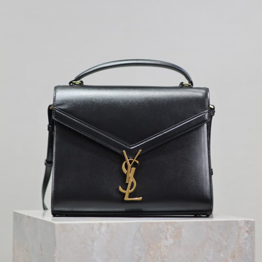 CASSANDRA TOP HANDLE BAG 24 IN BLACK SMOOTH LAMBSKIN GOLD HARDWARE | Studio Nafay