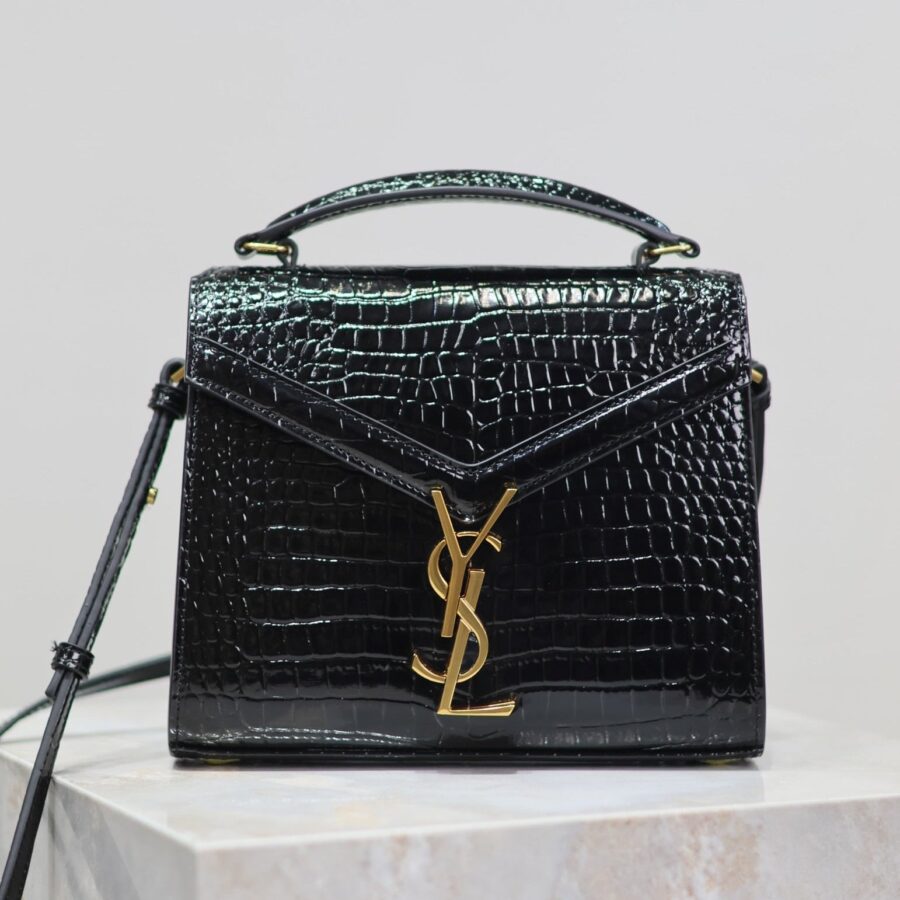 CASSANDRA MINI TOP HANDLE BAG 20 IN BLACK CROCODILE-EMBOSSED GLOSSY CALFSKIN | Studio Nafay